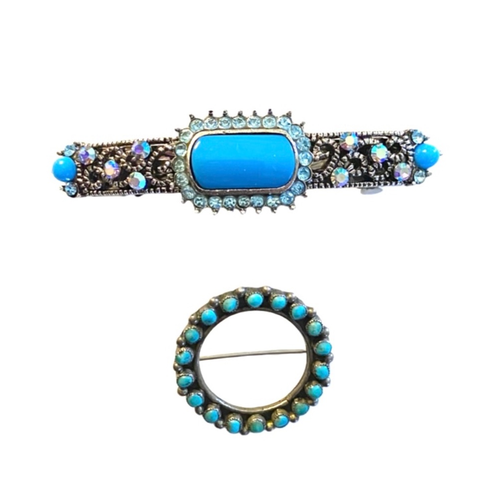 Silver Tone & Turquoise Color Barrette & Brooch Pair